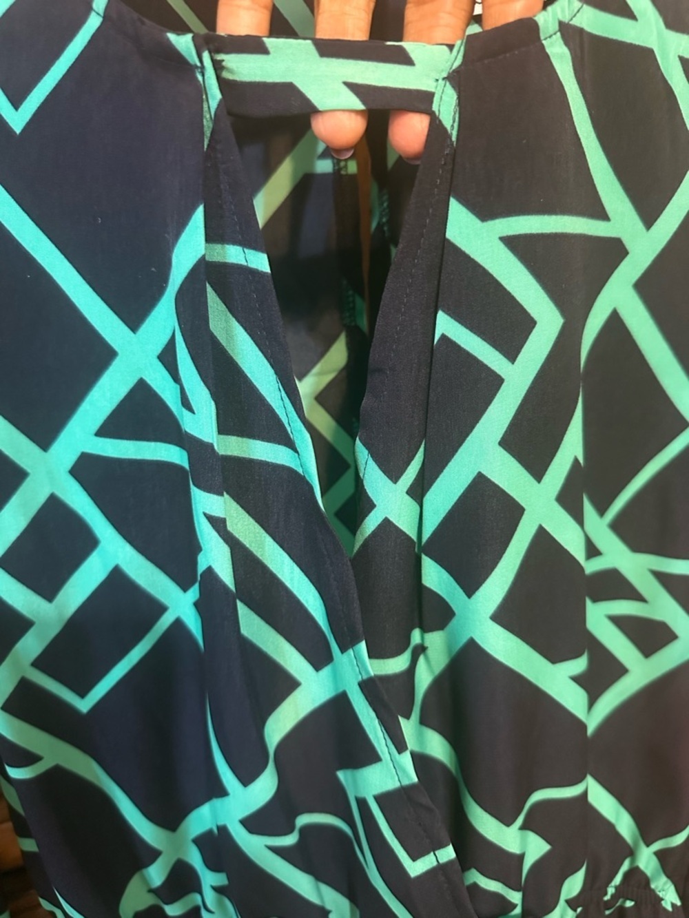 JustFab Romper Small Navy Green Geometric Faux Wrap Long Sleeve NWT - Picture 6 of 12